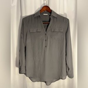 New York and Company grey long sleeve V neck blouse size SMALL